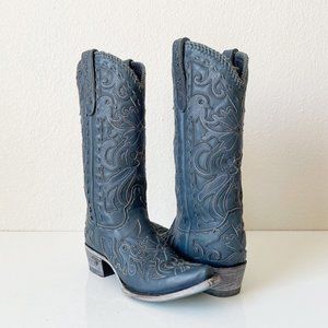 Lane Boots ROBIN Womens Sz 7.5 Blue Floral Inlay Snip Toe Pull On Festival Rodeo